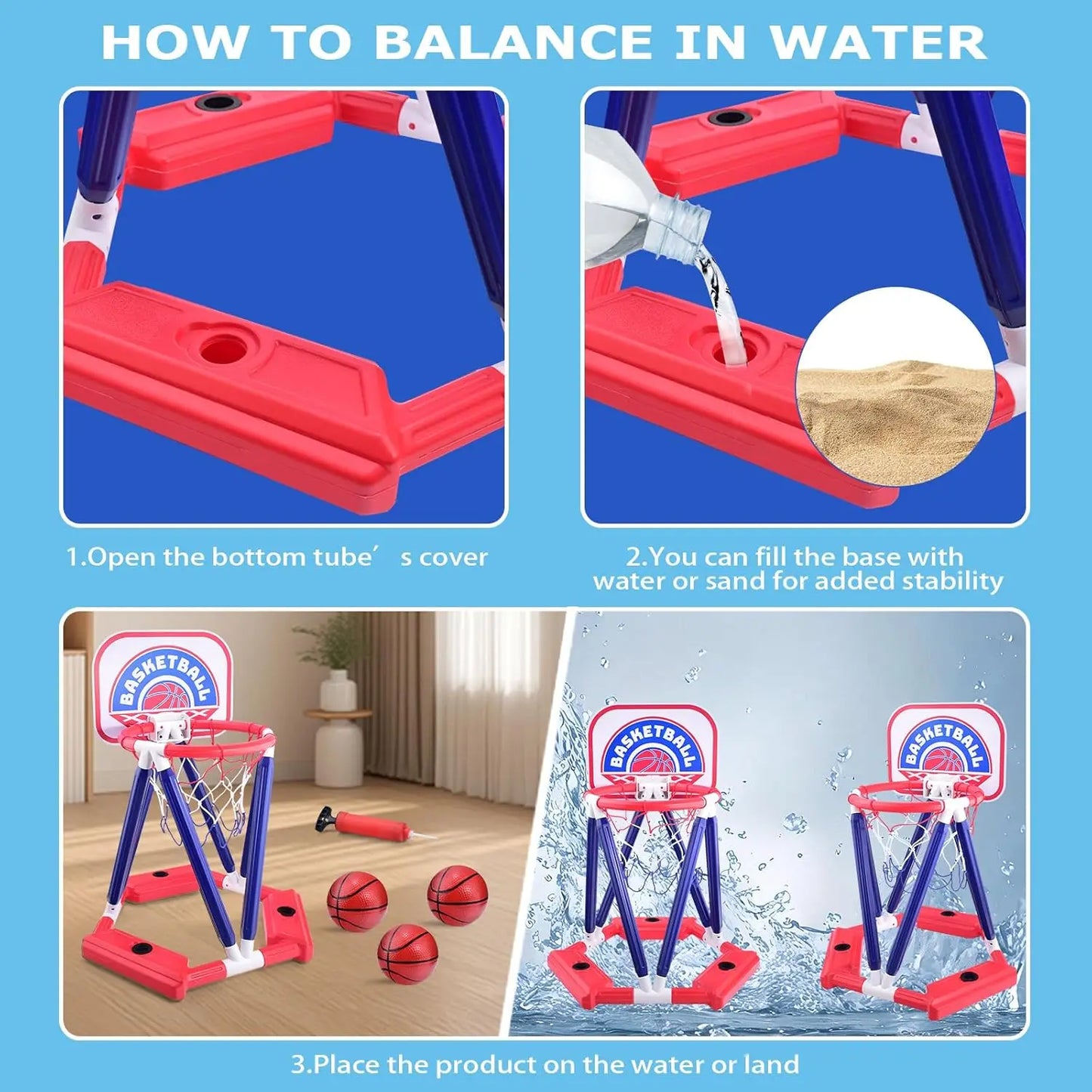 Child shooting mini basketball into inflatable pool hoop
