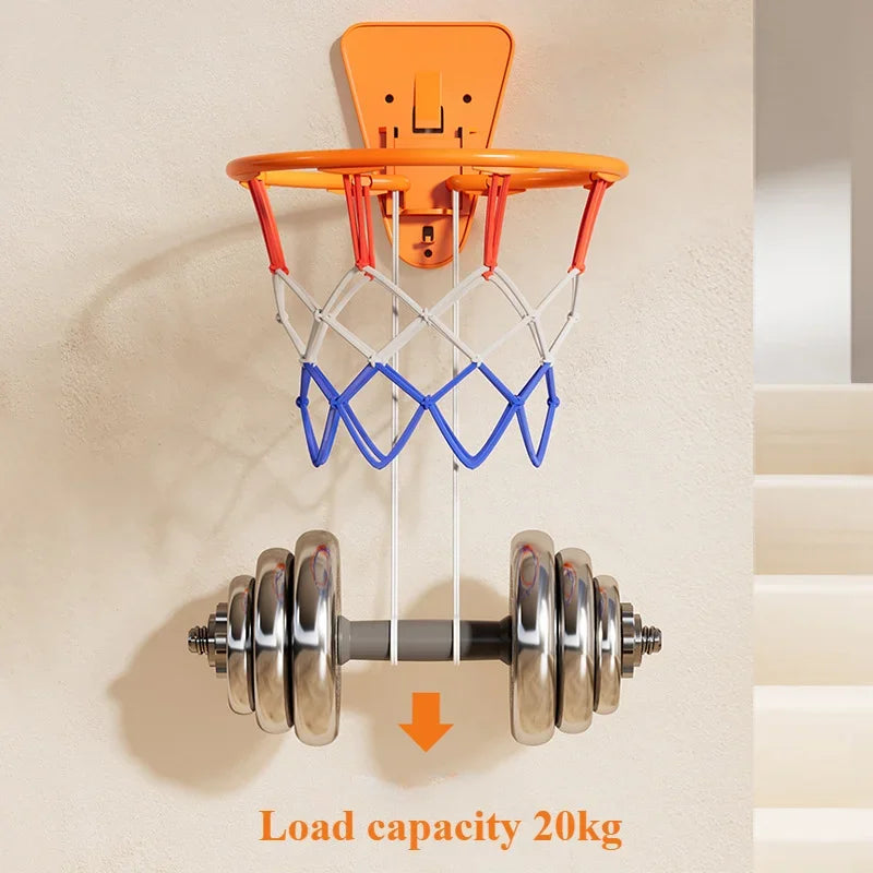 Wall-mounted kids basketball hoop holding 20kg weights, showcasing strong load-bearing design