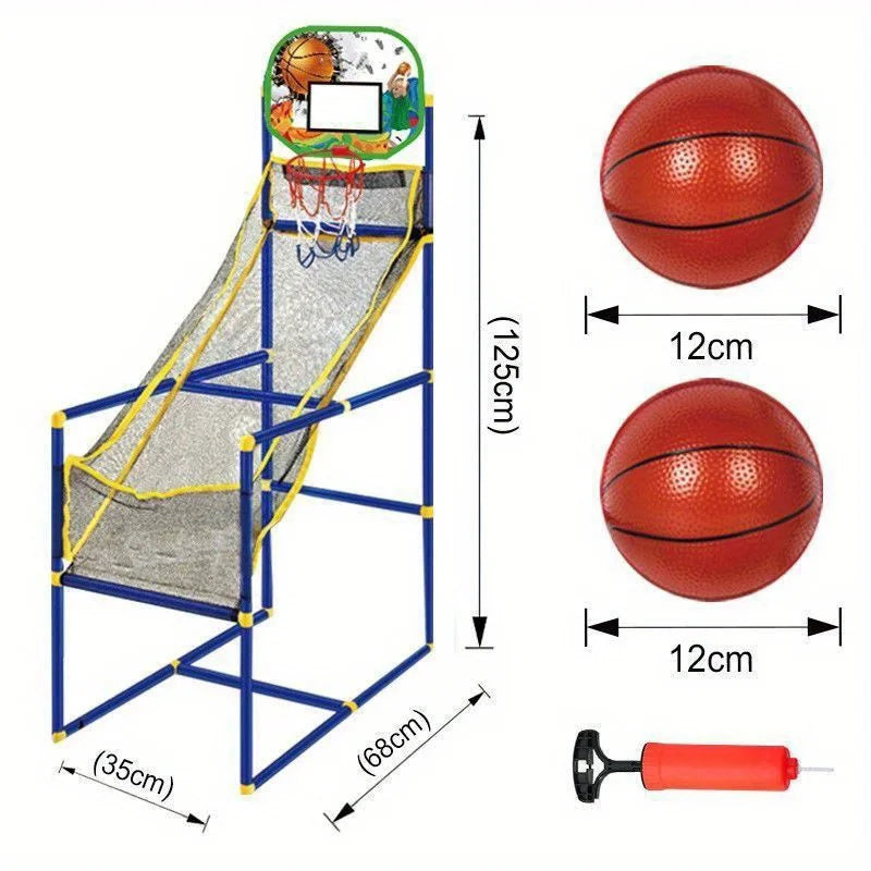 Kids playing dual basketball arcade game indoors