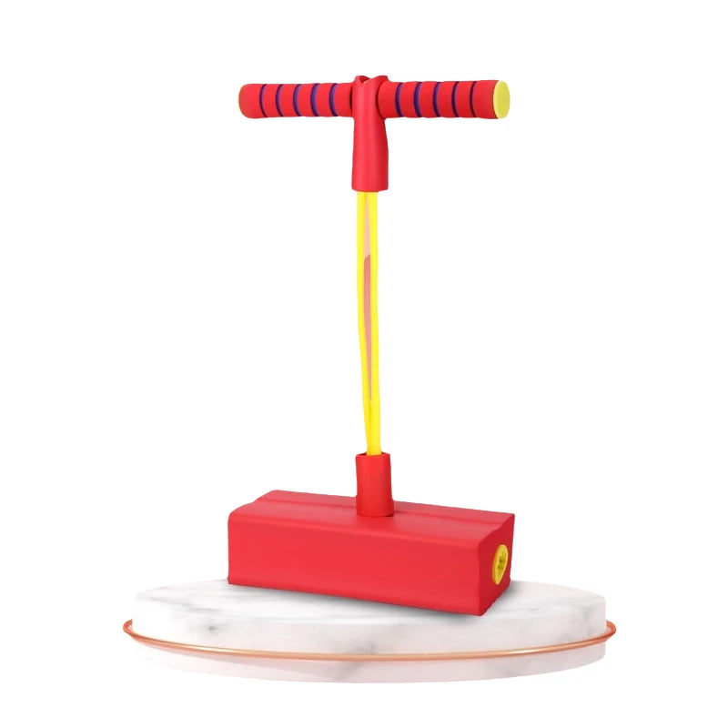 Bouncing toy with squeaky sound for motor skill and leg strength development.