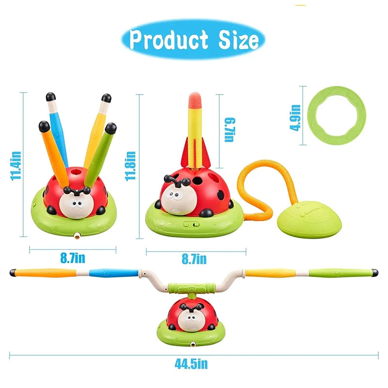 Child jumping over toy base with skipping rope attached