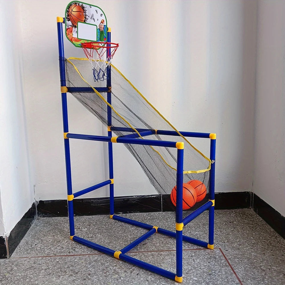 Child scoring basket on arcade-style hoop