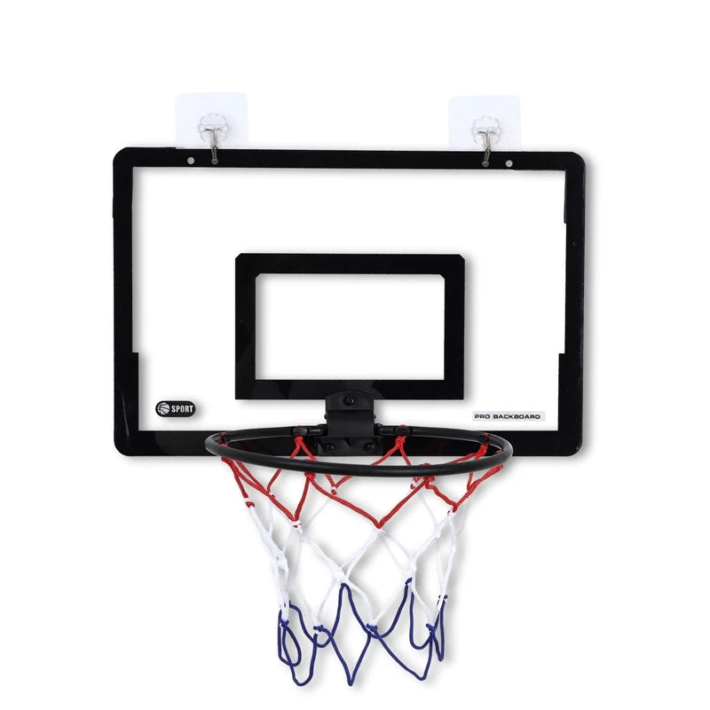 Front view of a wall-mounted transparent basketball hoop set with adhesive hooks and tricolor net