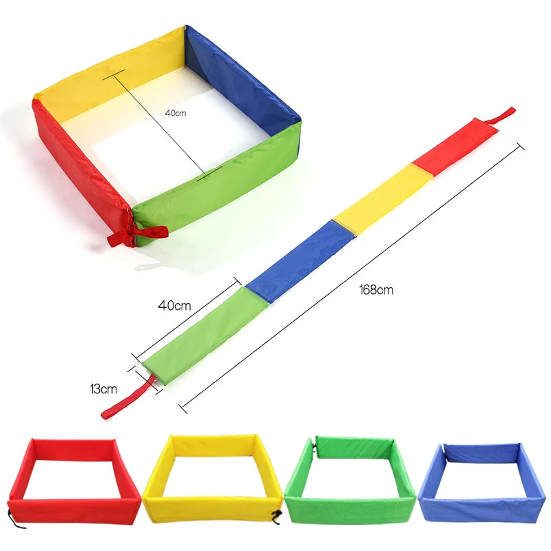 Child crawling under assembled sensory jump ring frame
