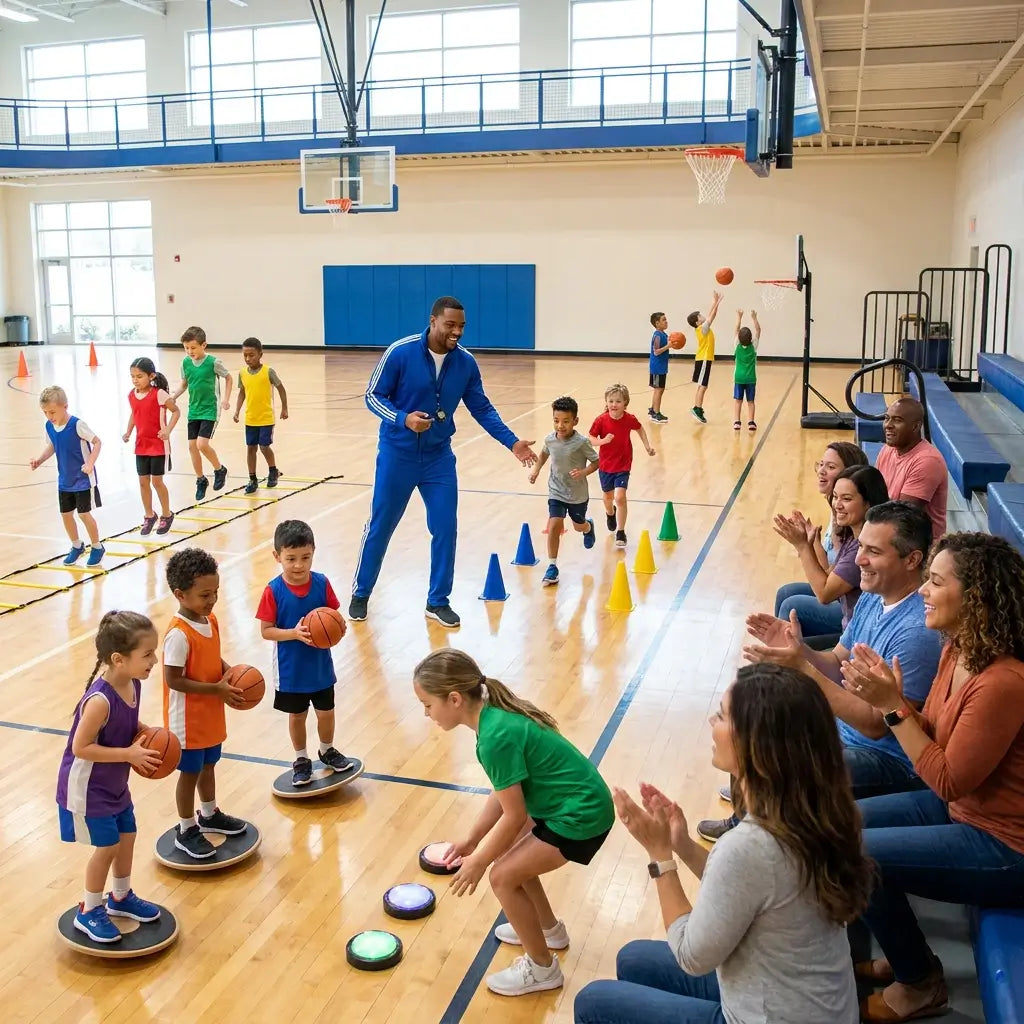 Children participating in basketball training drills that develop speed, agility, balance, coordination, and confidence.