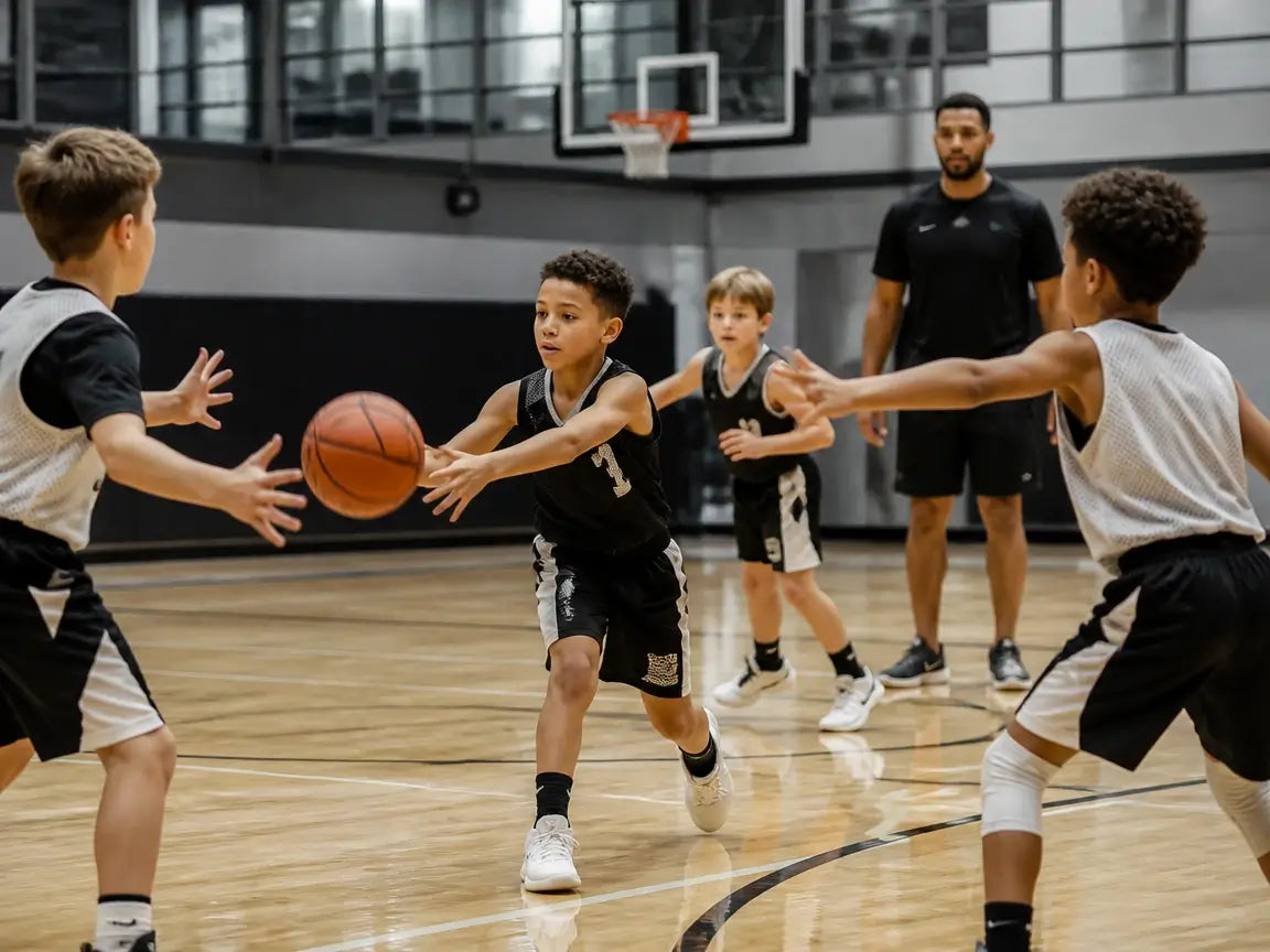 Professional youth basketball training session focused on basketball IQ and decision making, children aged 7-10 playing a small-sided game, players identifying open space, passing, reacting to defenders and communicating with teammates