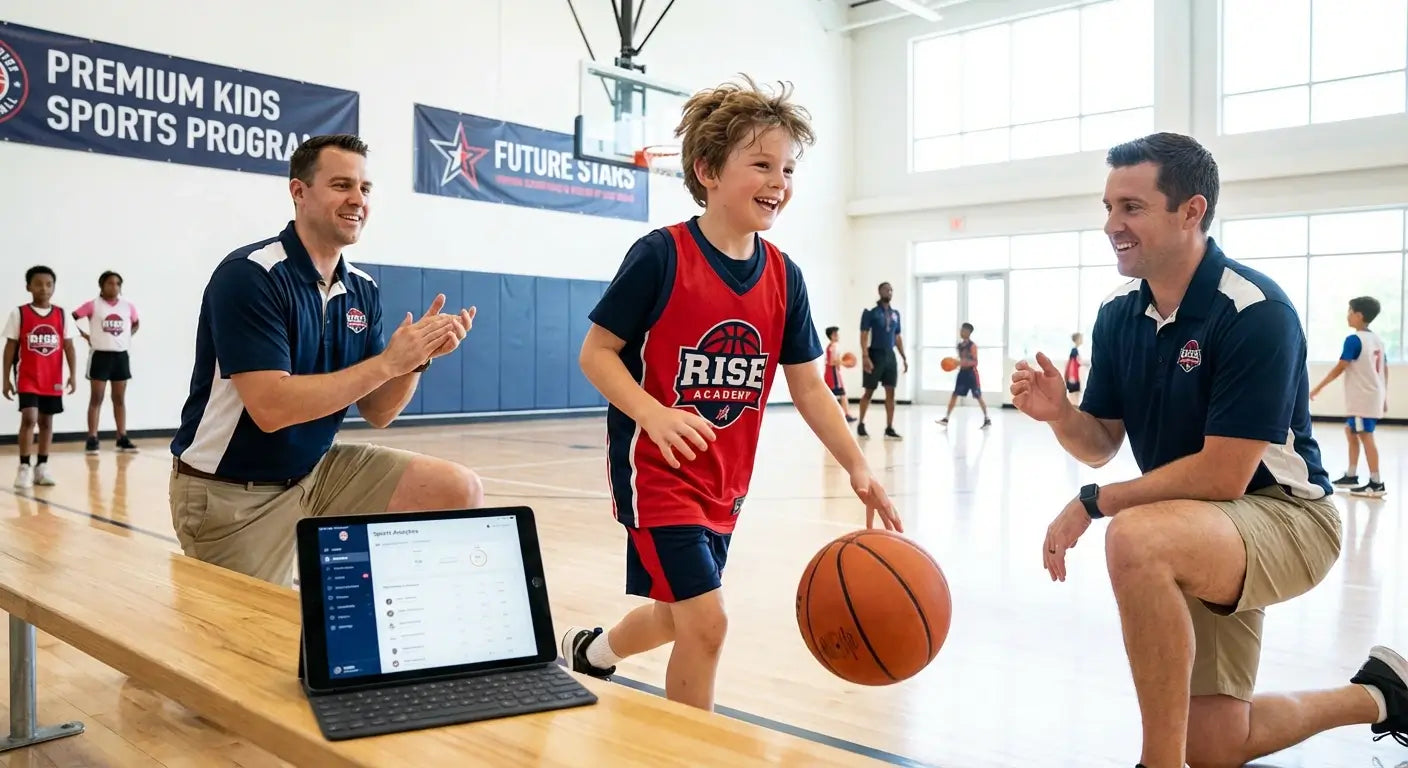 happy young child dribbling basketball in indoor training gym, tablet unused on bench, smiling coach encouraging, bright basketball court, active positive atmosphere, premium kids sports program branding, professional commercial photography