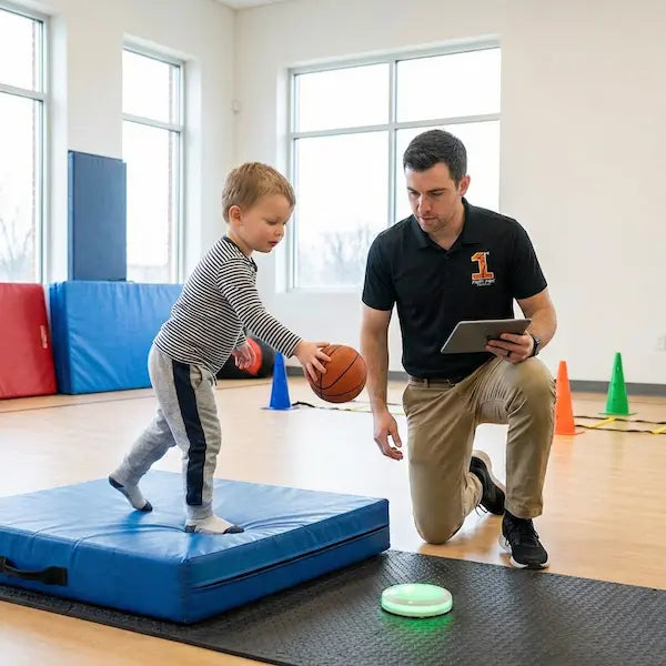 A 4-year-old child in Melbourne happily practicing basic motor skills with a basketball in First Pick Academy's Grow & Go program, designed for early childhood development.