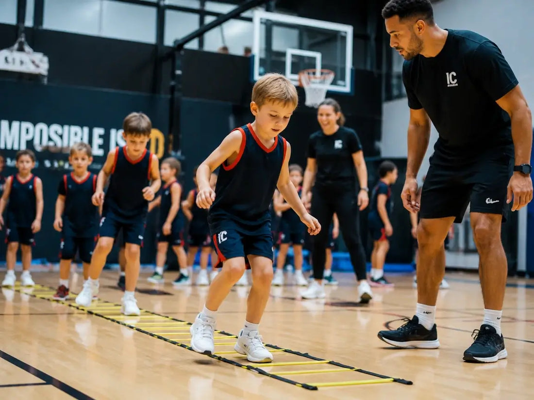 Young children participating in a fun structured basketball training session with coaches guiding coordination and agility drills in an indoor sports center.