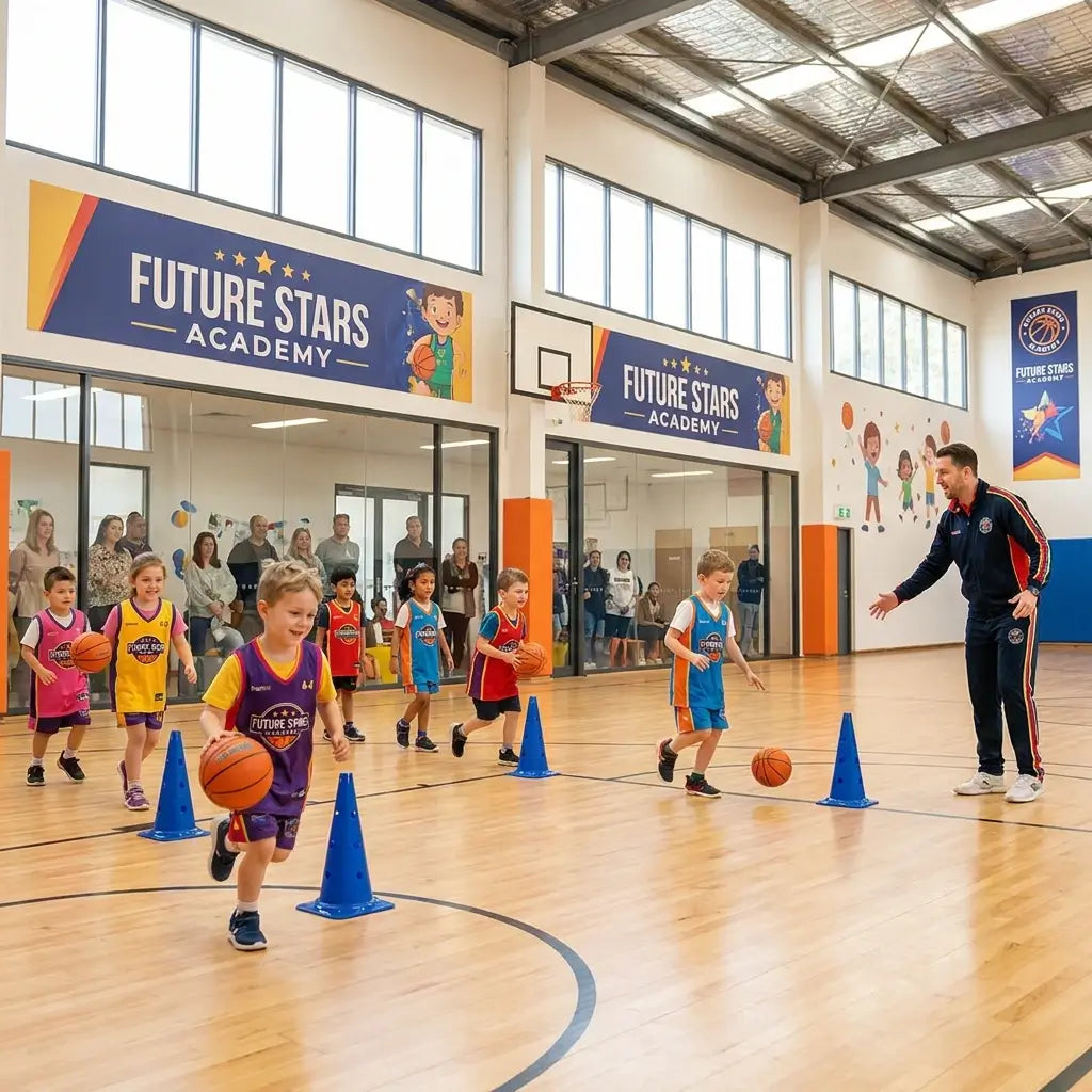 Young children training in the Grow & Go early childhood basketball program, practising agility, balance, coordination, and basketball skills with a coach indoors.