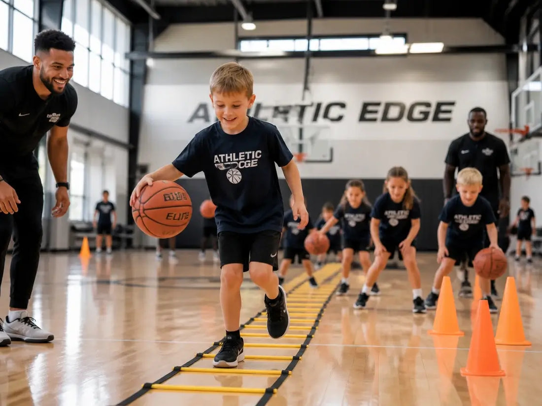 Young children participating in basketball agility and coordination drills with coaches in a structured indoor sports training environment.