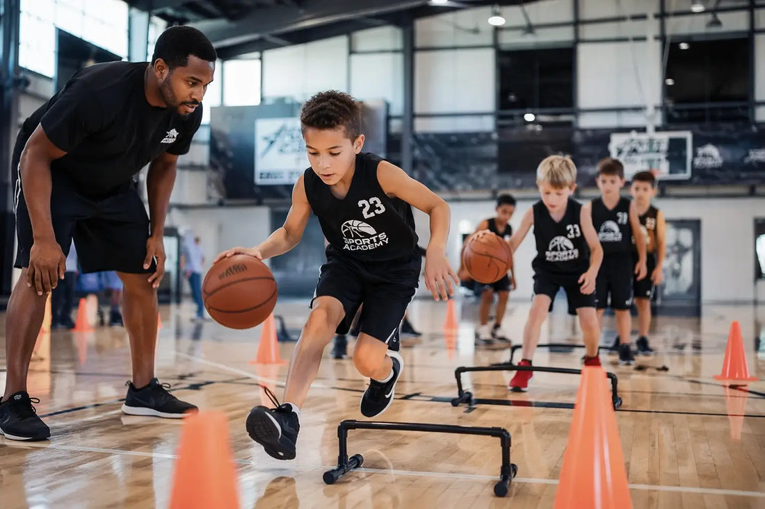 Young children participating in a structured Grow & Go basketball training session with coaches guiding agility, coordination, and movement drills in an indoor sports center.