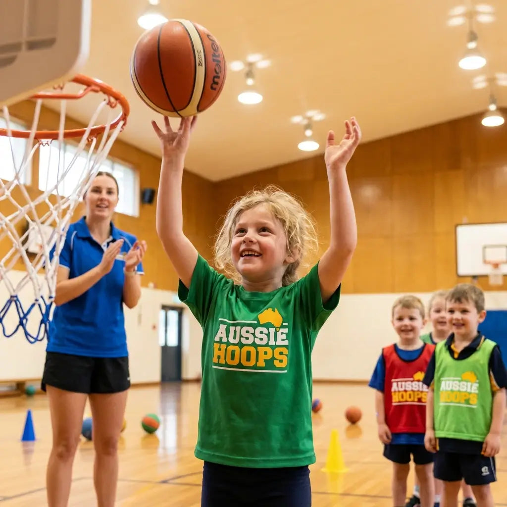 group of young kids enjoying basketball training in a fun and supportive environment