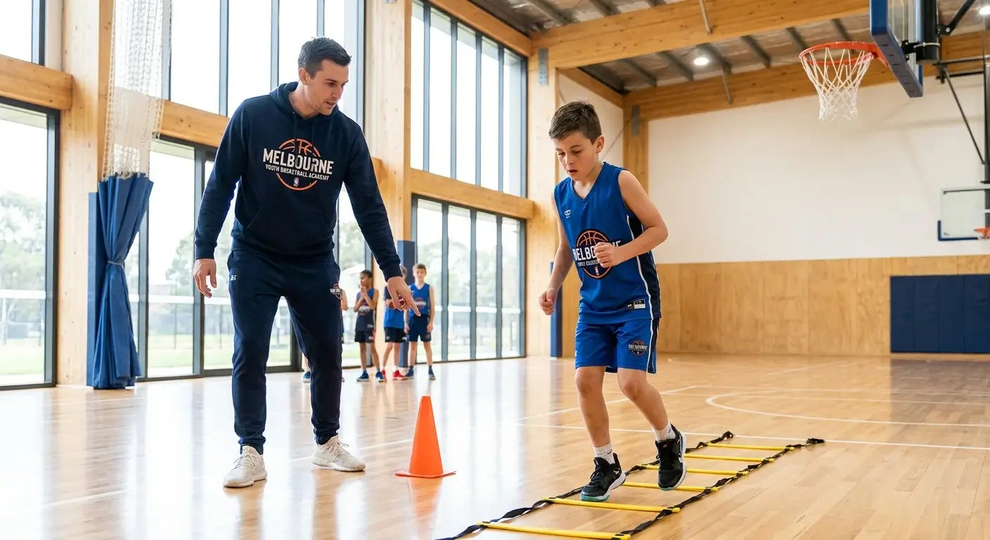 Young child training basketball with coach in indoor gym, structured kids basketball program building coordination and confidence
