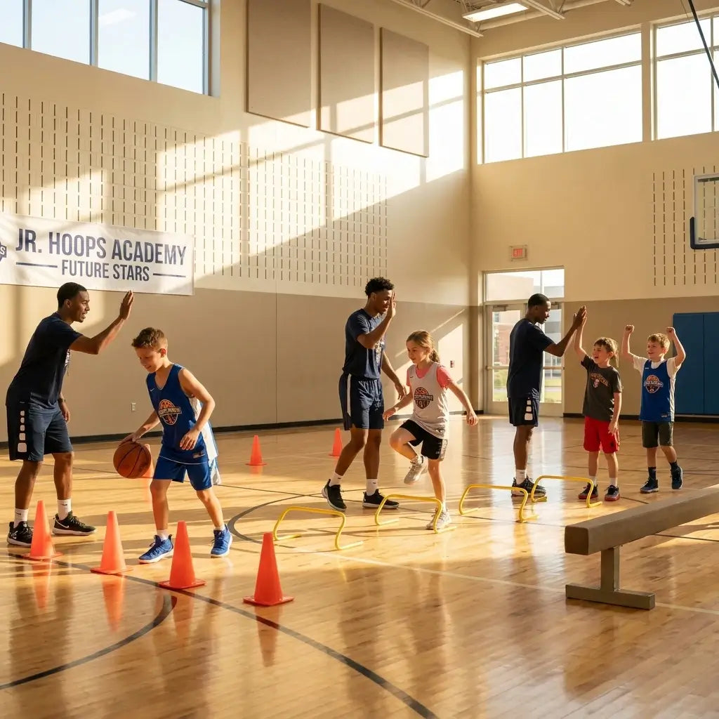 Children participating in a youth basketball training session focused on speed, agility, coordination, balance, and athletic development.