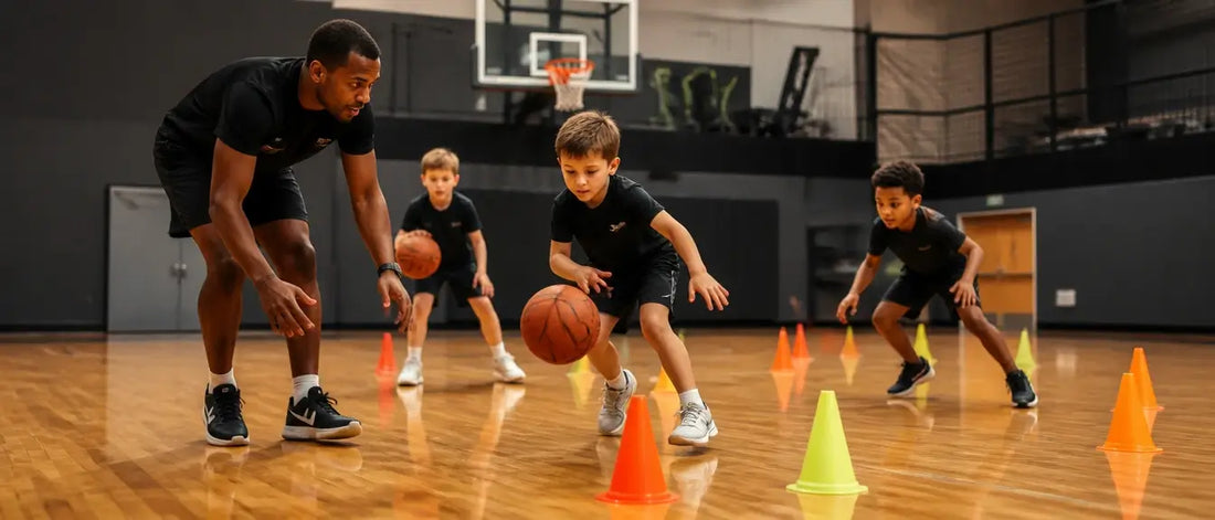 Young basketball players developing reaction speed and decision-making during youth basketball training