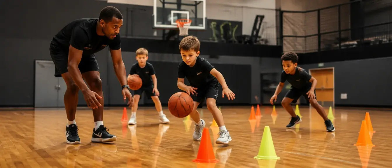 Young basketball players developing reaction speed and decision-making during youth basketball training