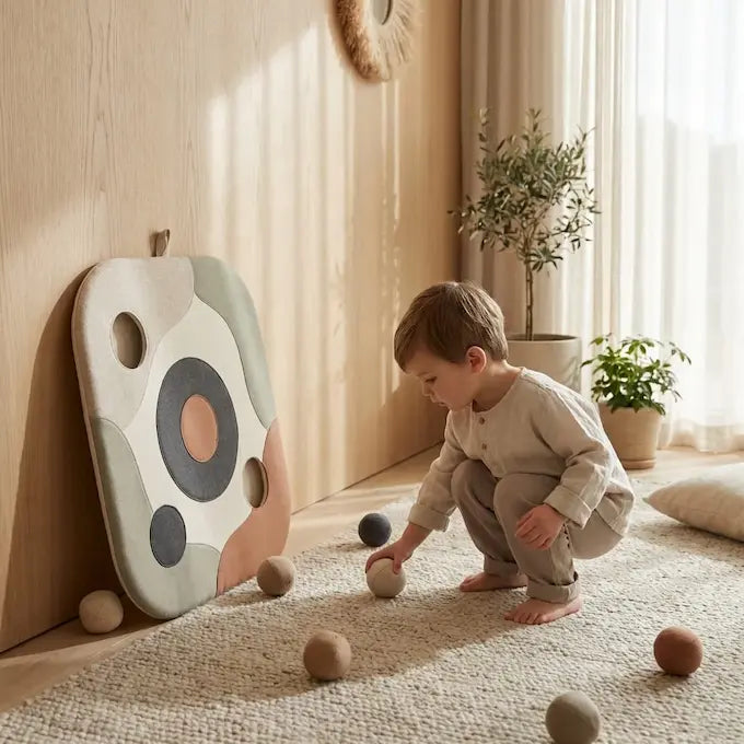 A 3 to 5-year-old child practicing hand-eye coordination and fine motor skills with a sensory ball-toss game, focusing on early childhood developmental milestones.