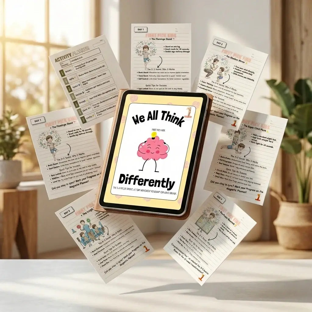 An iPad Pro displaying the 'Day 1 Flamingo Stand' neuro-drill from the 5+3 Focus Blueprint digital guide for ADHD brain training.