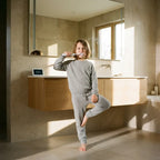 A child performing a 5+3 neuro-drill balance exercise while brushing teeth, demonstrating seamless 60-second habit stacking for ADHD kids.