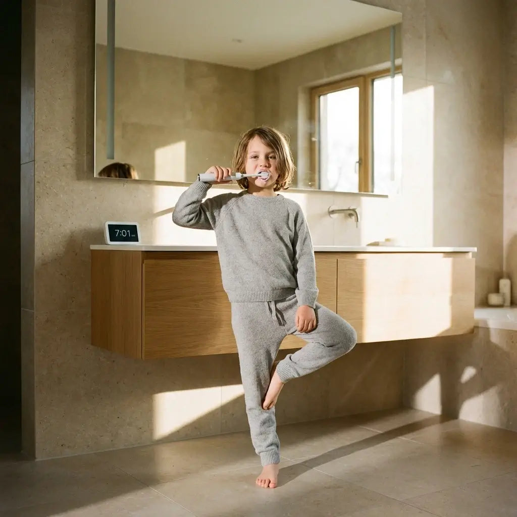 A child performing a 5+3 neuro-drill balance exercise while brushing teeth, demonstrating seamless 60-second habit stacking for ADHD kids.