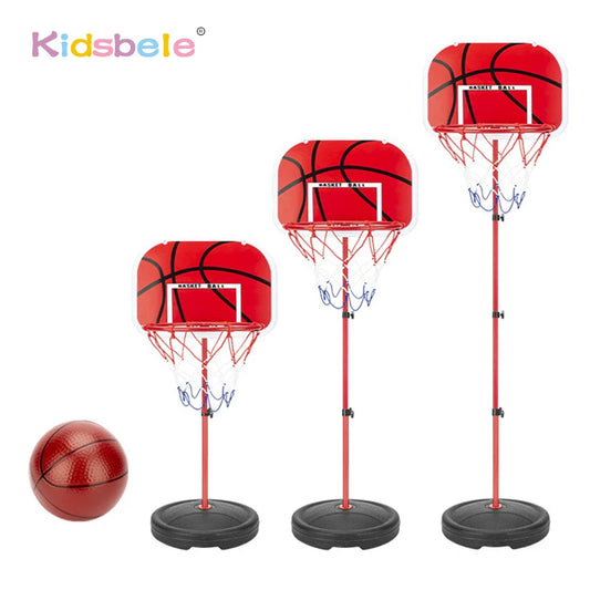 Child shooting basketball into adjustable hoop outdoors