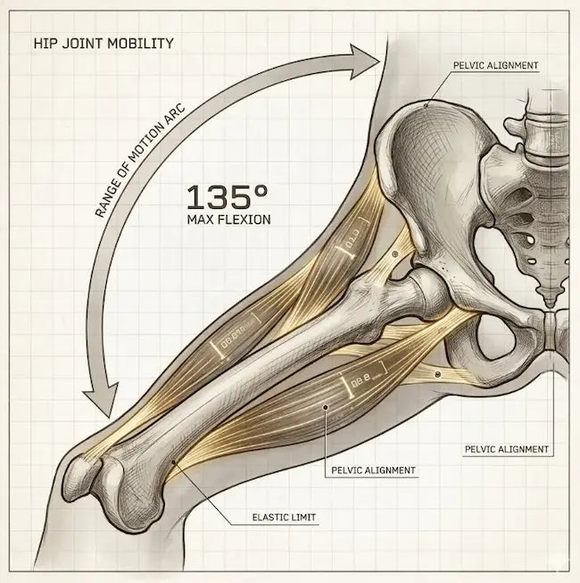 Anatomical diagram of hip joint mobility with 135° max flexion, illustrating the flexibility pillar of the 5+3 system for toddler basketball Melbourne at First Pick Academy