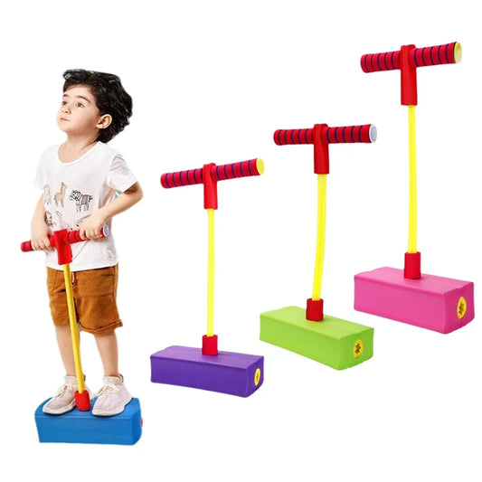 Kids using frog jump balance toy in an outdoor setting for active play.
