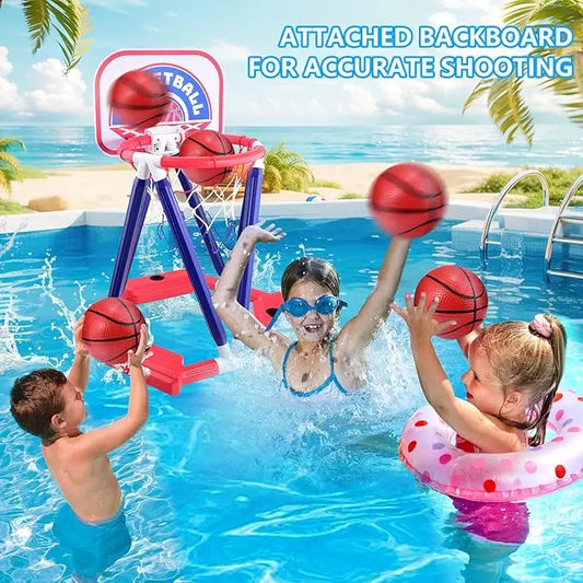 Floating basketball hoop in swimming pool with ball