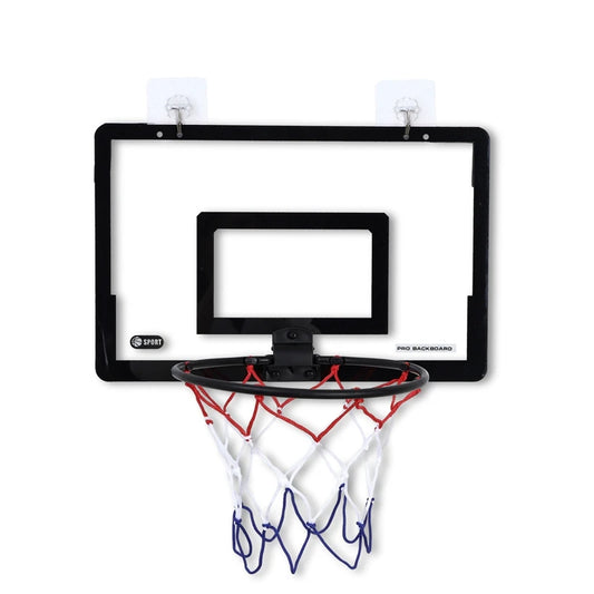 Front view of a wall-mounted transparent basketball hoop set with adhesive hooks and tricolor net