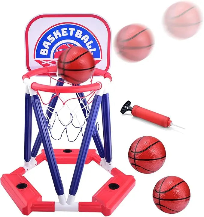 Complete pool basketball toy set with ball and pump