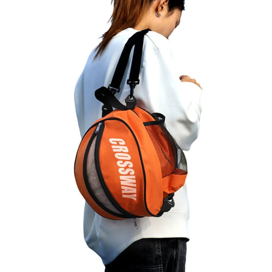 Front view of round sports ball bag with zipper closure