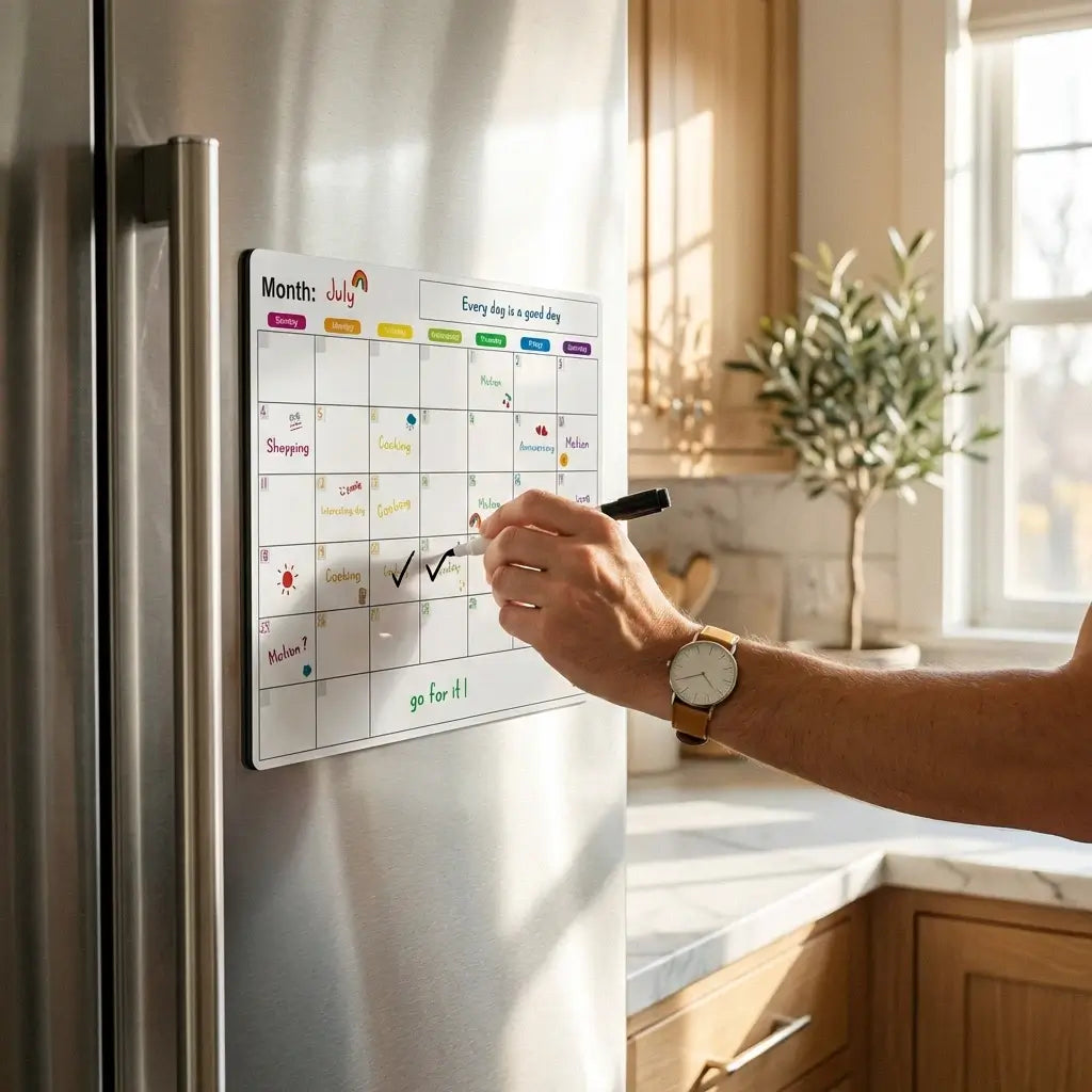 A close-up lifestyle shot of a parent’s hand marking a checkmark on a First Pick magnetic fridge planner. The planner is attached to a modern stainless steel refrigerator in a bright, minimalist kitchen, illustrating daily habit tracking for kids.