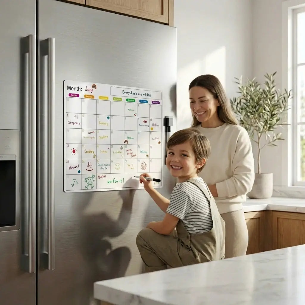 A minimalist, sun-drenched kitchen with a mother in neutral athleisure looking at an ADHD magnetic focus planner on a stainless steel refrigerator.