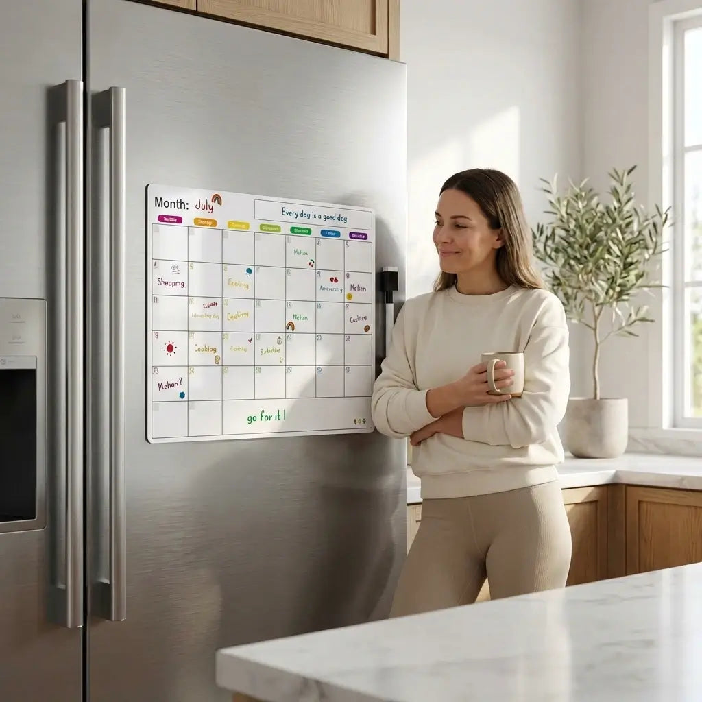 Exploded view diagram of the First Pick ADHD magnetic planner showing its three-layer construction: a stain-resistant writing layer, a high-definition printing layer, and a strong soft rubber magnet base.