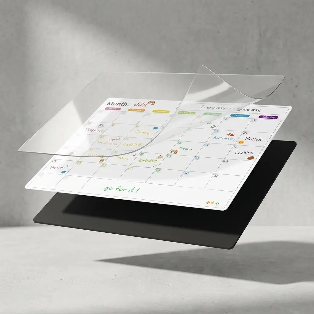 Exploded view diagram of the 5+3 Focus Starter Kit planner showing the dirty-resistant layer, HD printing layer, and strong magnet layer.