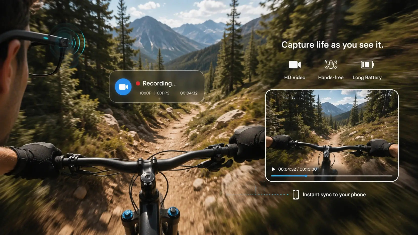 CY03 AI Smart Glasses capturing hands-free first-person video while mountain biking