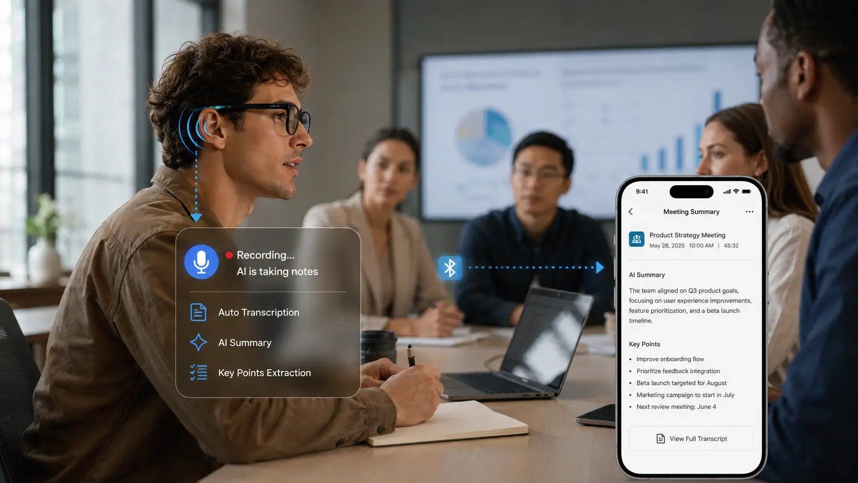 CY03 AI Smart Glasses recording a work meeting with AI transcription, meeting notes and automatic summaries