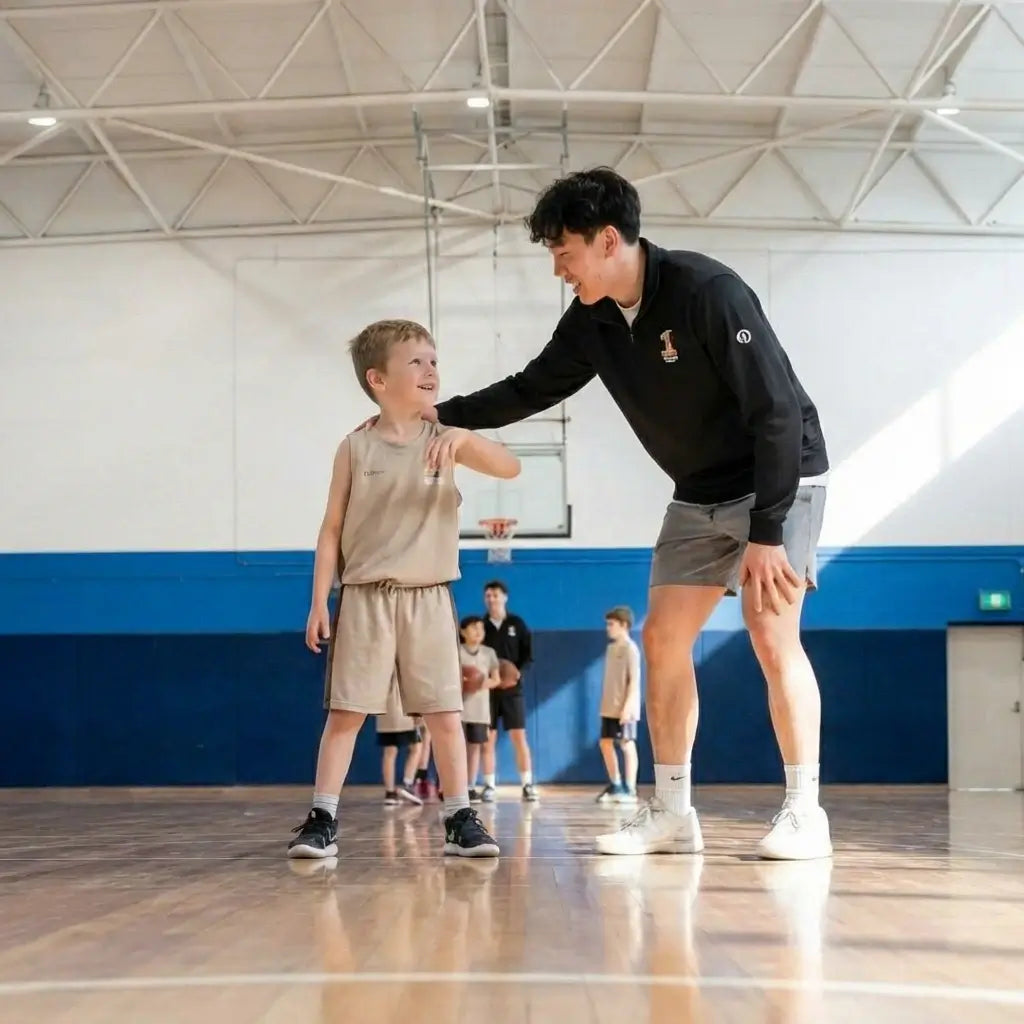 A professional basketball coach at First Pick Academy engaging with junior athletes (Ages 6-12), demonstrating elite coaching focused on the biological engine and skill precision.