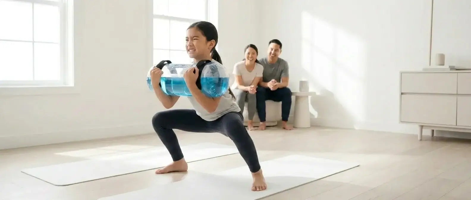 Young child training with adjustable water power bag, safe kids strength and core workout equipment for home