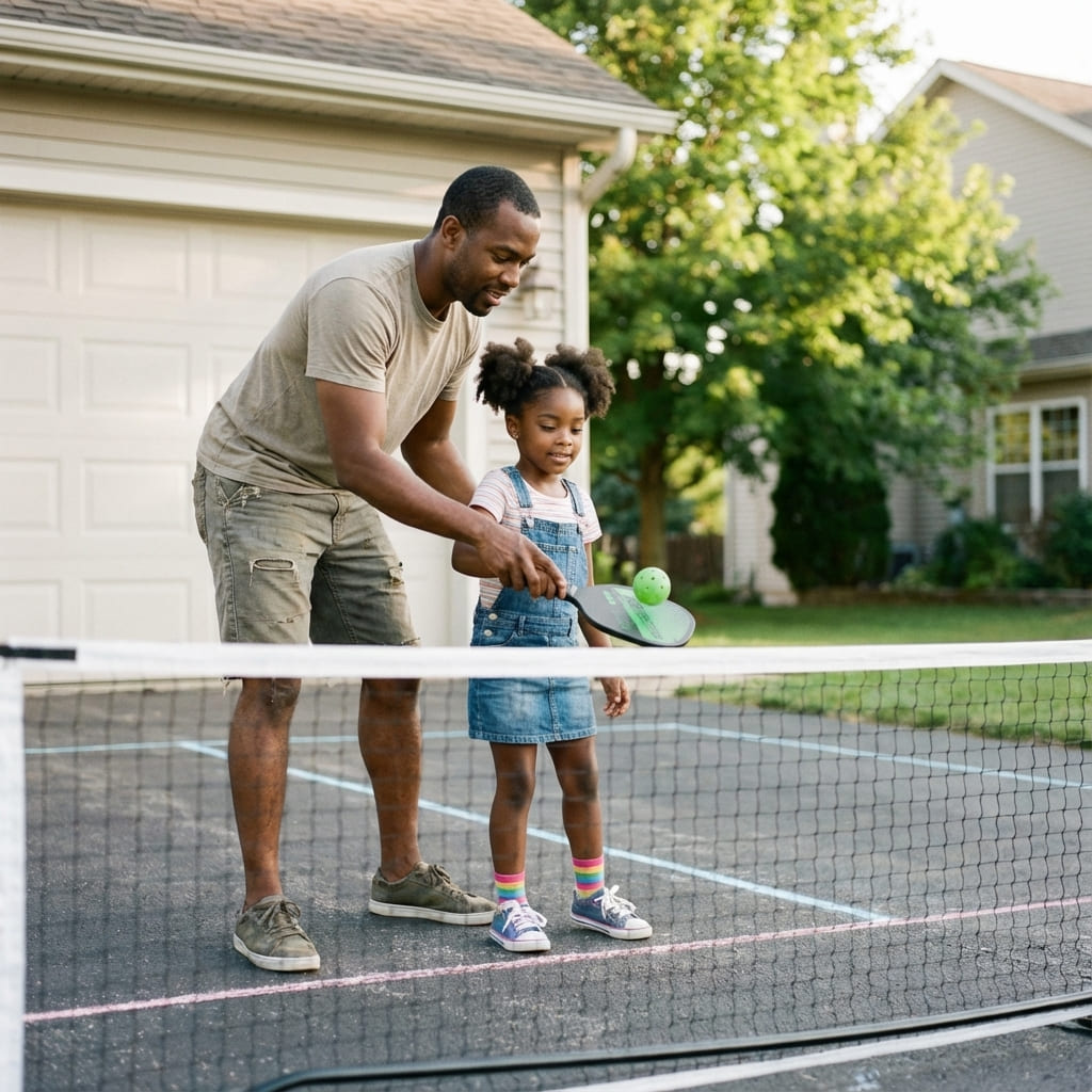 A father gently guiding his young daughter as they play pickleball together in their home driveway, focusing on safe movement and connection.