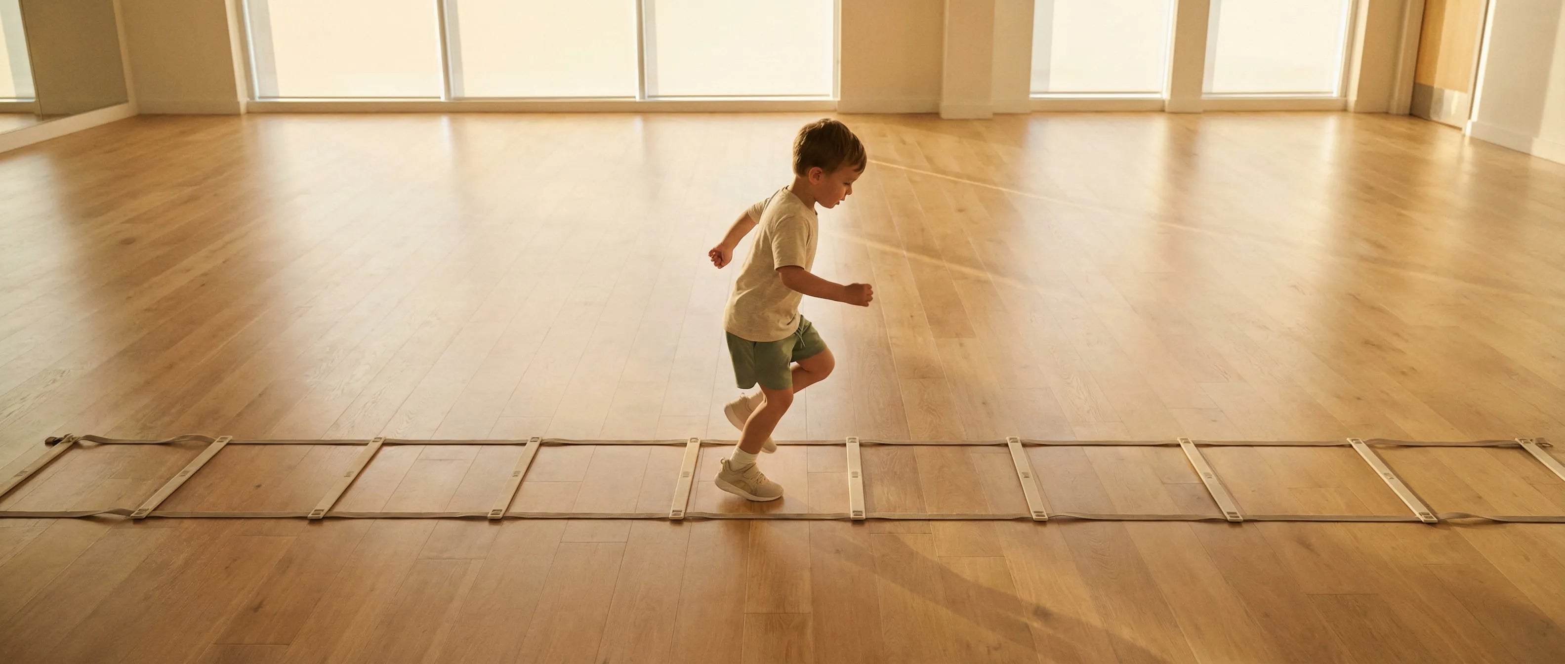 A high-angle shot of a young child performing quick footwork exercises on an agility ladder, demonstrating speed and body control for the 'Agility' pillar of First Pick's 5+3 methodology. Centered composition for responsive design.