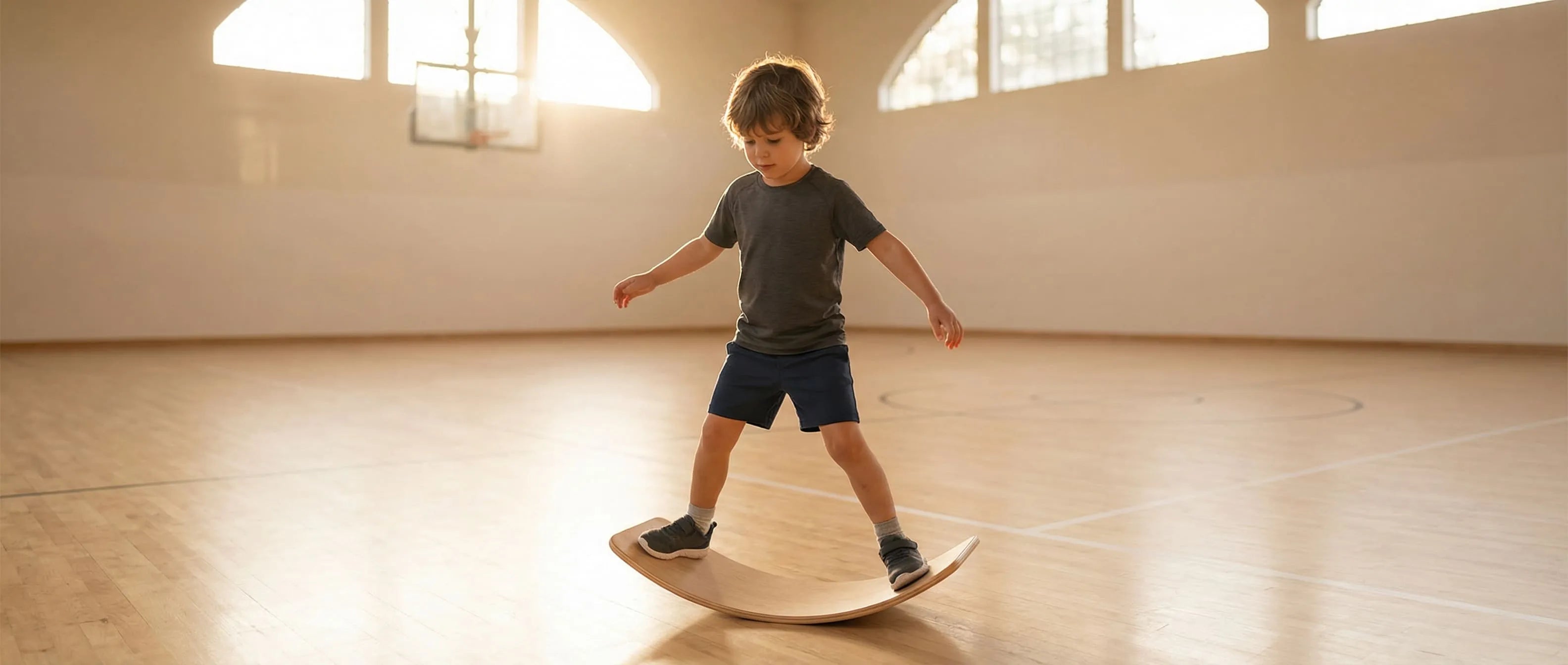 A centered shot of a young child practicing balance on a wooden board in an indoor basketball gym. This represents the 'Balance' pillar of First Pick's scientific methodology, with a composition optimized for responsive design.