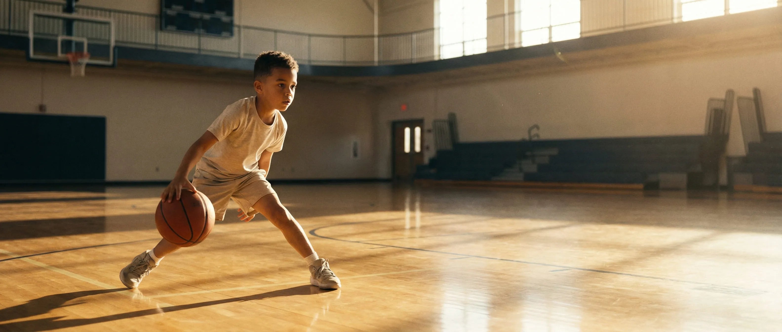 A dynamic, off-center photograph of a young child performing complex dribbling drills in a sunlit basketball gym, showcasing full-body coordination for the First Pick methodology. The composition features asymmetrical balance with ample negative space.