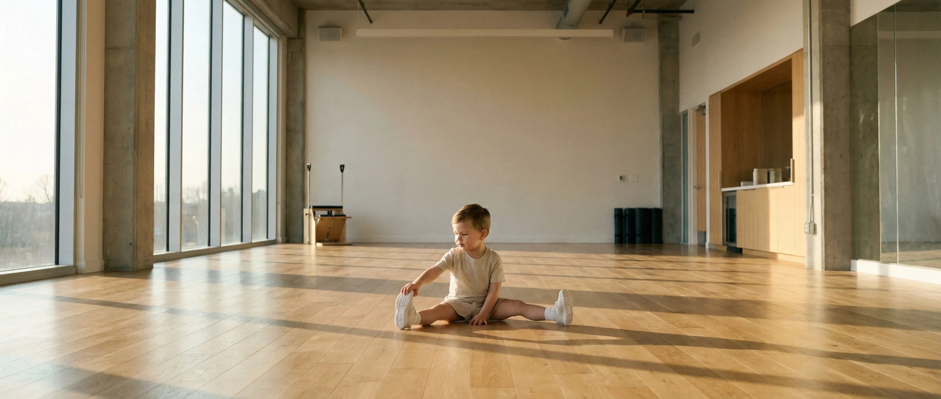 A centered shot of a young child performing mobility stretches on a wooden floor, representing the 'Flexibility' pillar of First Pick's 5+3 development methodology with ample space for multi-device cropping.
