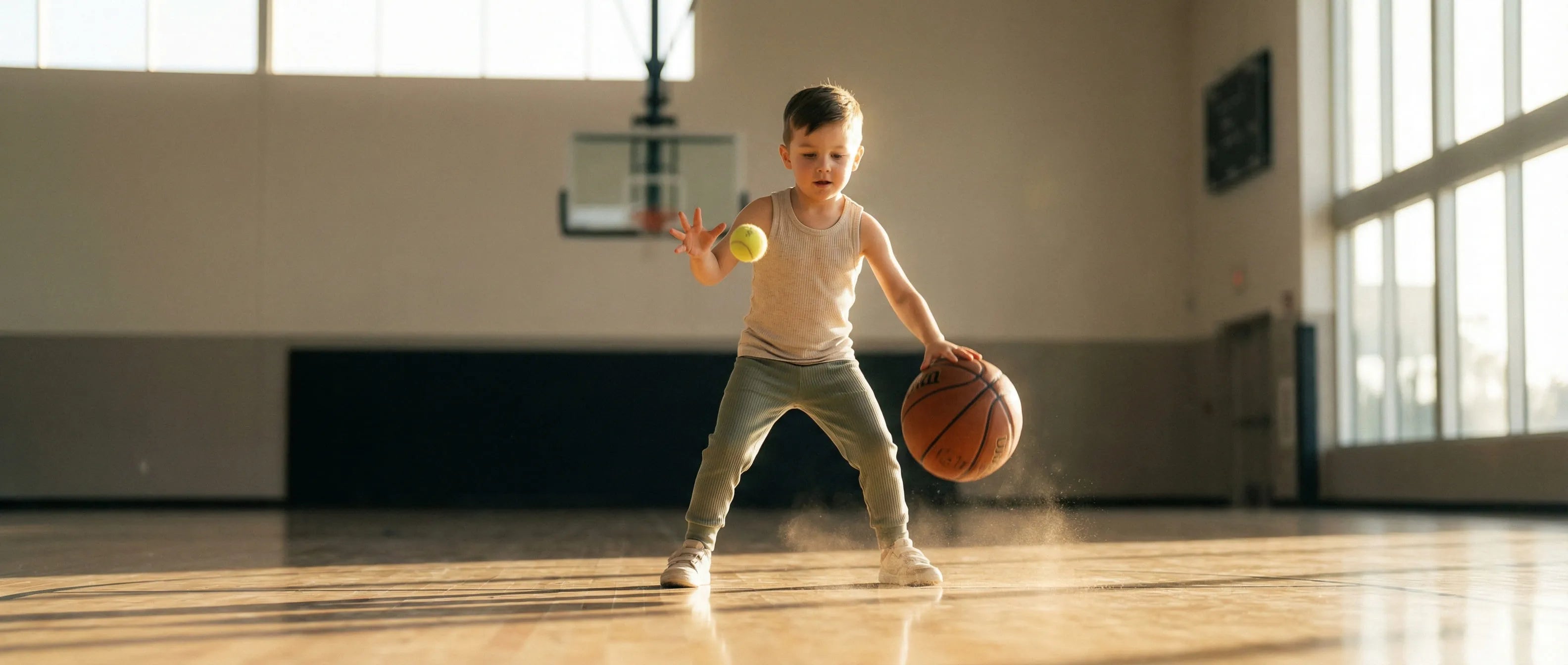 A centered shot of a young child in an indoor basketball gym, simultaneously dribbling a basketball and catching a tennis ball to train the 'Reaction' pillar of the First Pick method. Minimalist composition with ample space for cropping.