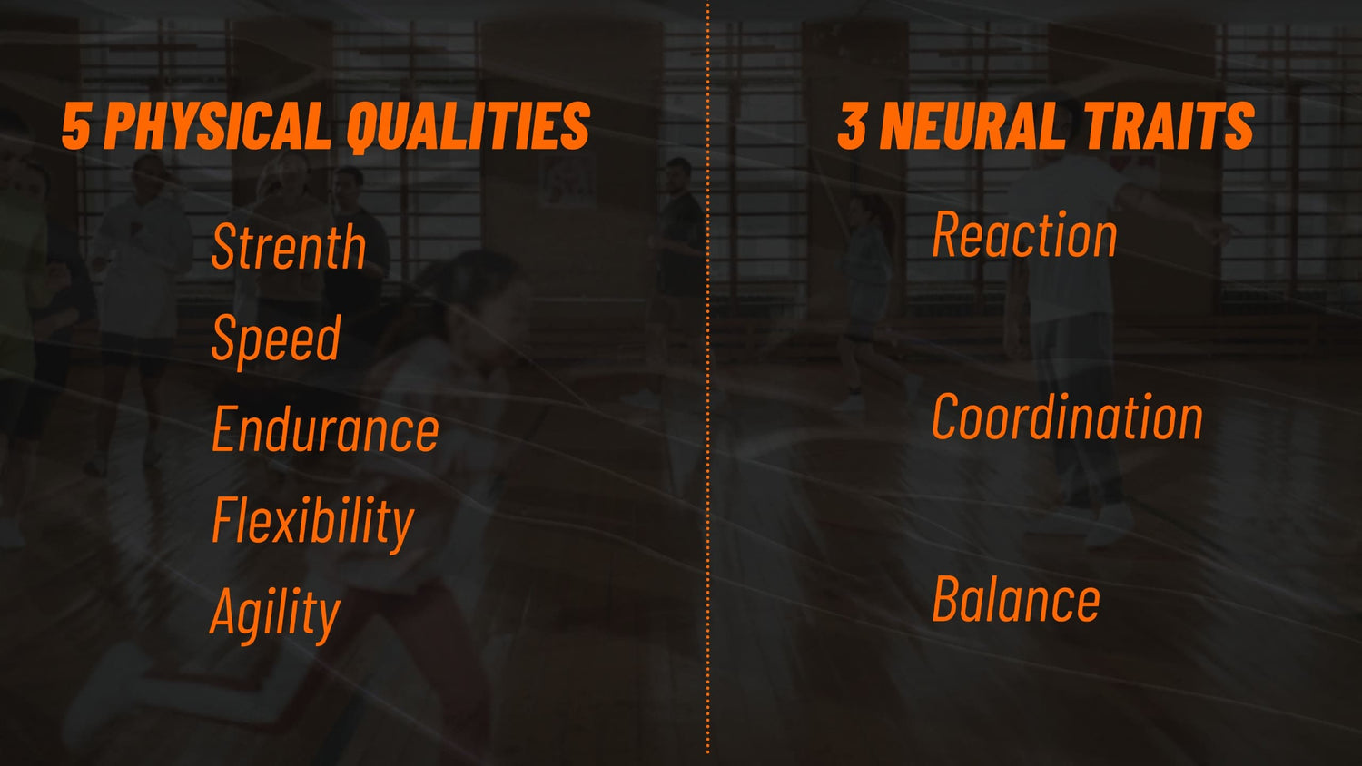 5+3 Training System showing five physical qualities—strength, speed, endurance, flexibility, agility—and three neural traits—reaction, coordination, balance—in bold orange text on a black background