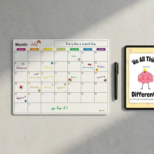 First Pick Academy ADHD Focus Starter Kit featuring a premium white magnetic fridge planner and the 5+3 digital coaching guide on a minimalist grey stone surface.