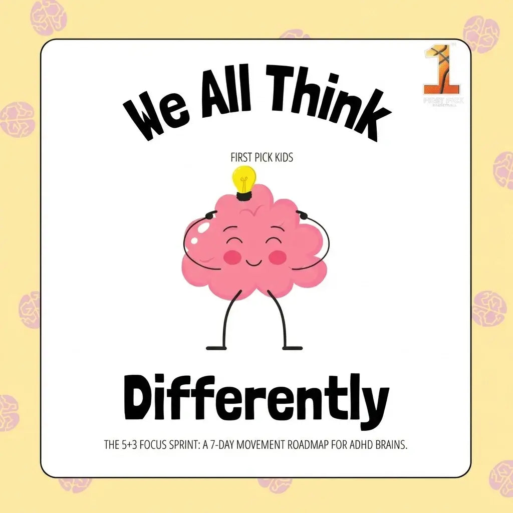 An illustrated cover for the First Pick Kids '5+3 Focus Sprint' digital guide, featuring a cute pink brain character with a lightbulb and the empowering text 'We All Think Differently,' described as a 7-day movement roadmap for ADHD brains.