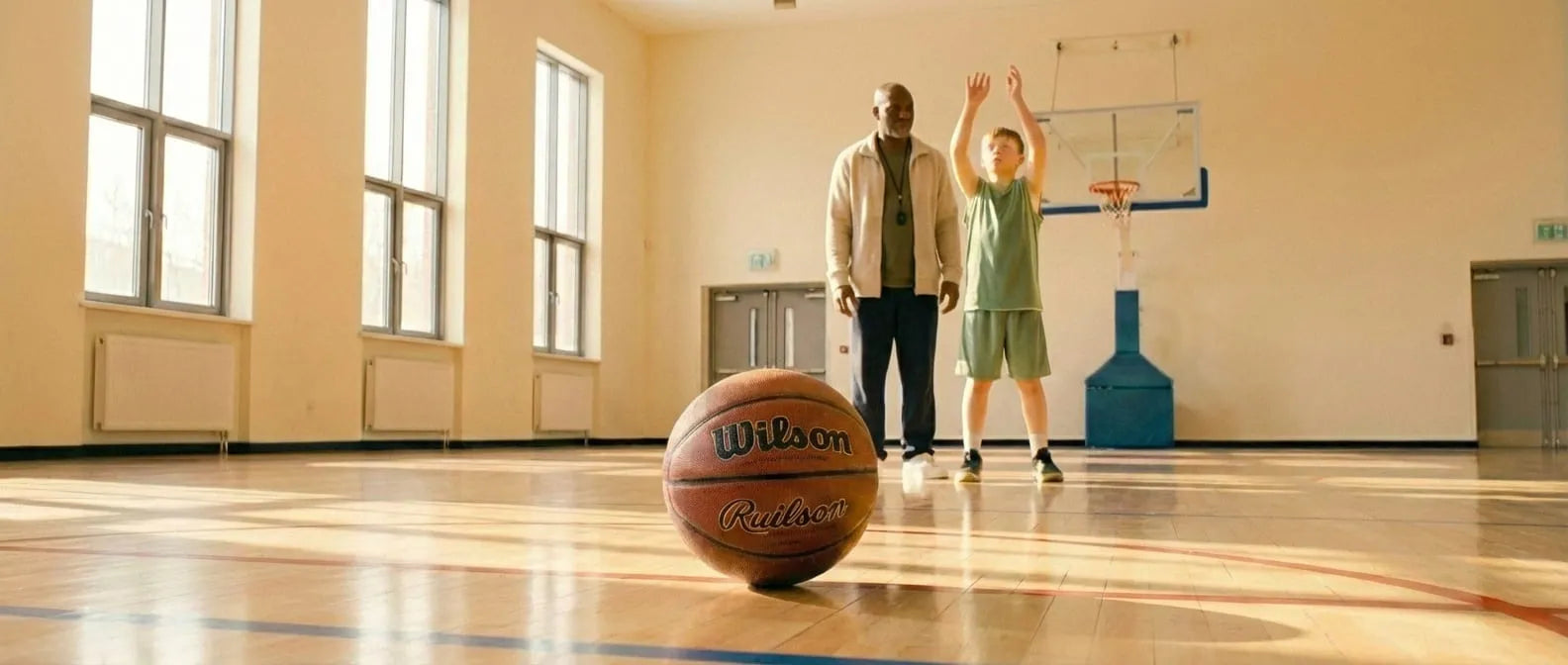 A bright, professional indoor basketball court in Melbourne showing a youth player training, linking to the 6-12 years old Basketball Skills curriculum at First Pick.
